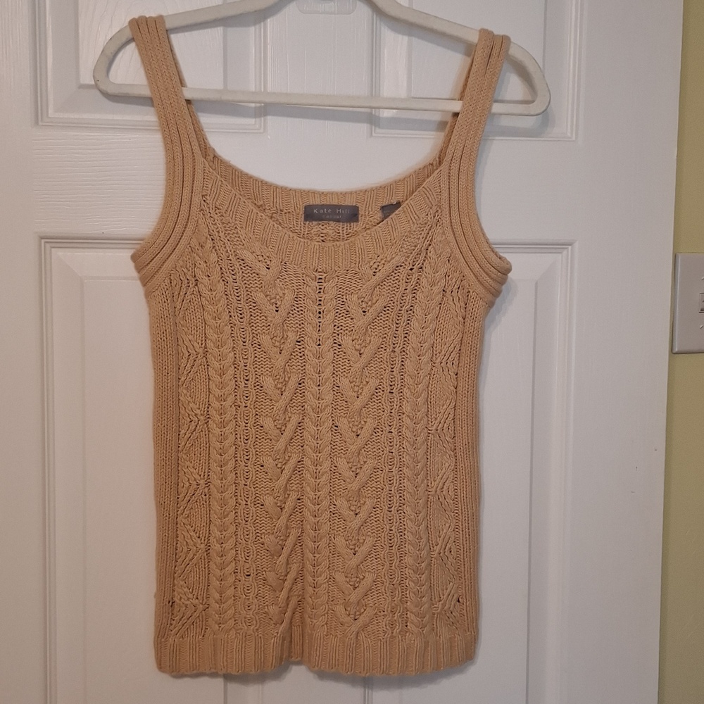 Kate Hill sz S, Cable knit sweater tank in light tan.